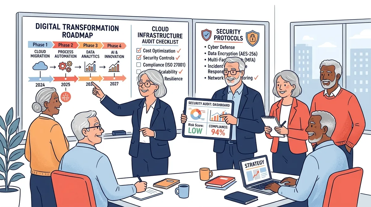 Senior IT consultants and business executives analyzing a digital transformation roadmap, cloud audit, and security protocols