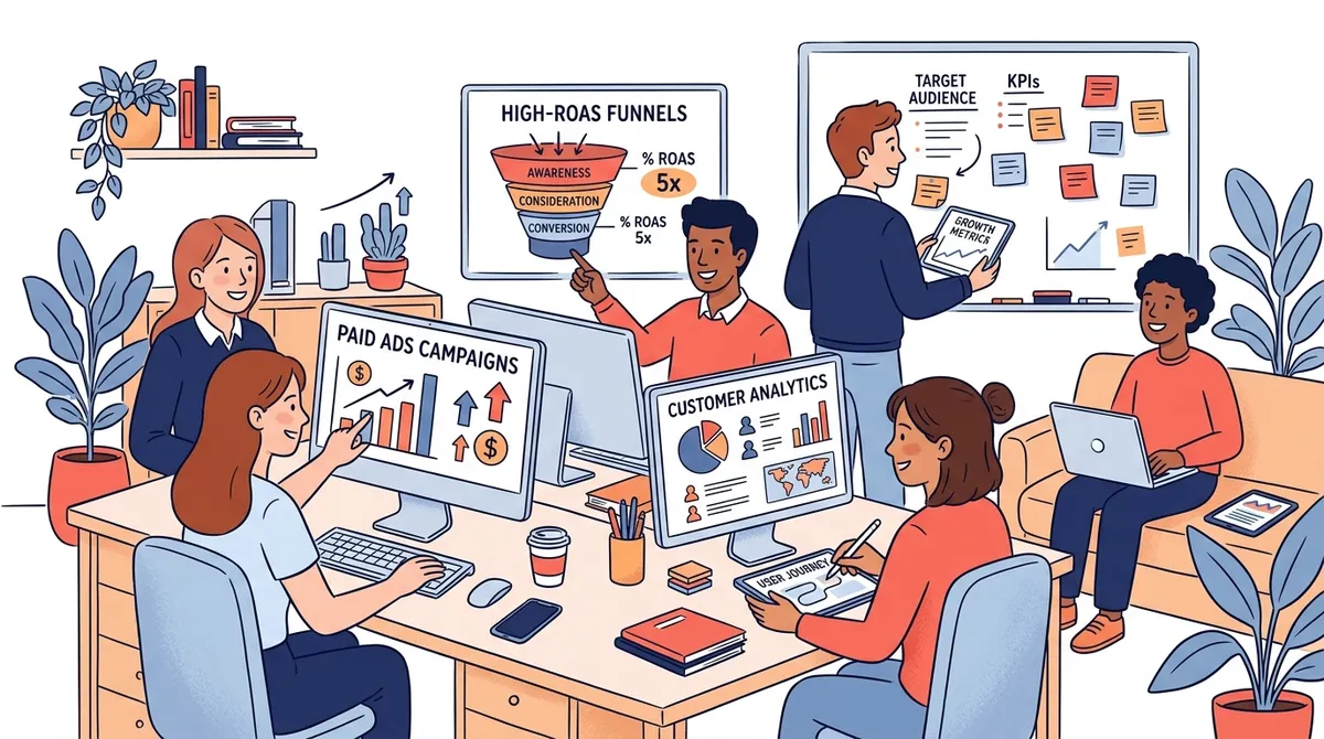 Digital marketing strategists analyzing high-ROAS paid search campaigns, ad funnels, and customer analytics