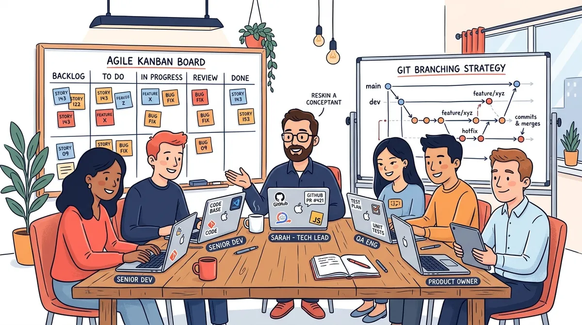 Dedicated agile engineering squad collaborating on laptops with an agile sprint Kanban board and Git branching diagram